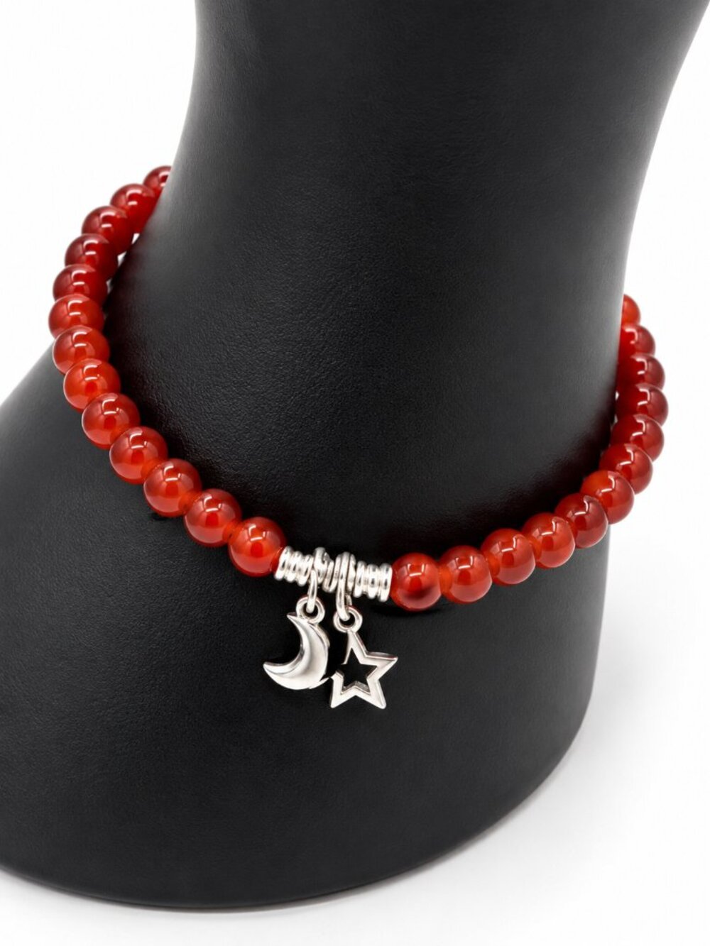 Red Beaded Moon & Star Charm Bracelet Silver Tone